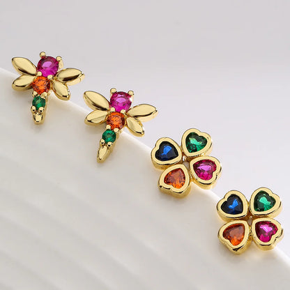 Fashion Four Leaf Clover Dragonfly Copper Gold Plated Zircon Ear Studs 1 Pair