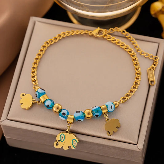 Fashion Four Leaf Clover Eye Elephant Titanium Steel Plating 18k Gold Plated Bracelets