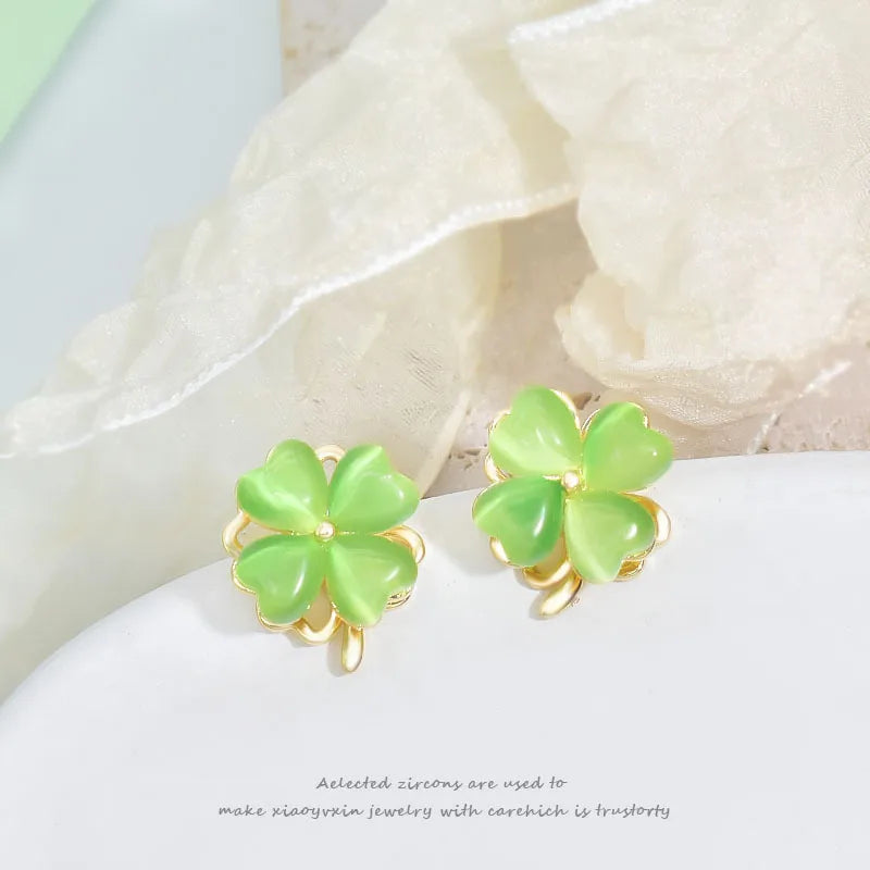 Fashion Four Leaf Clover Heart Shape Titanium Steel Plating Inlay Rhinestones Opal Rings Earrings Necklace