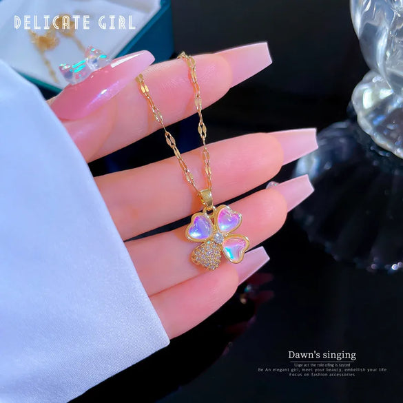 Fashion Four Leaf Clover Titanium Steel Copper Plating Inlay Rhinestones Pendant Necklace