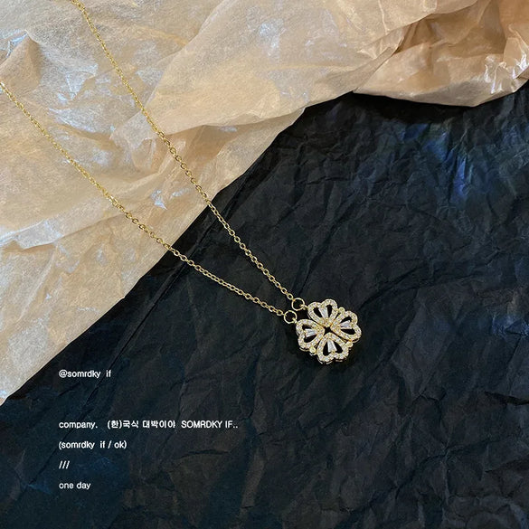 Fashion Four Leaf Clover Titanium Steel Inlay Zircon Pendant Necklace