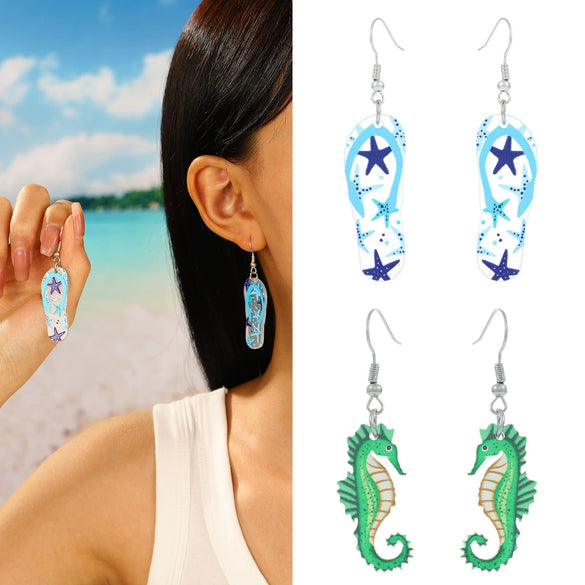 Fashion Fresh Ocean Blue Slippers Seahorse Earrings Acrylic Animals Baking Paint Women's