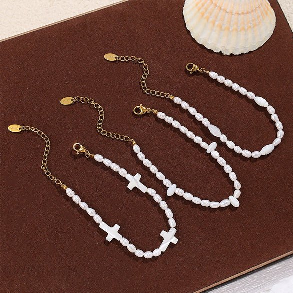 Fashion Freshwater Pearl Necklace And Bracelet Set 316L Stainless Steel 316L Stainless Steel 18K Gold Plated For Women
