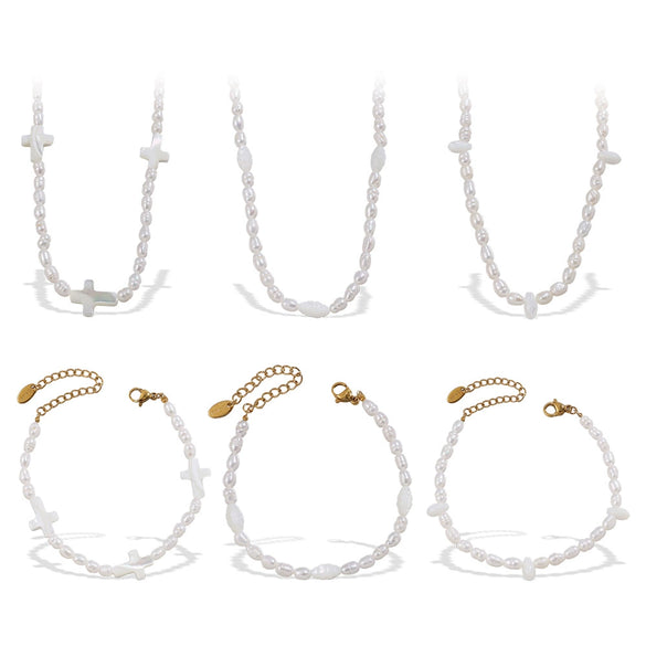 Fashion Freshwater Pearl Necklace And Bracelet Set 316L Stainless Steel 316L Stainless Steel 18K Gold Plated For Women
