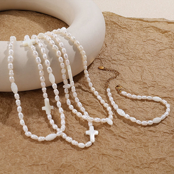 Fashion Freshwater Pearl Necklace And Bracelet Set 316L Stainless Steel 316L Stainless Steel 18K Gold Plated For Women