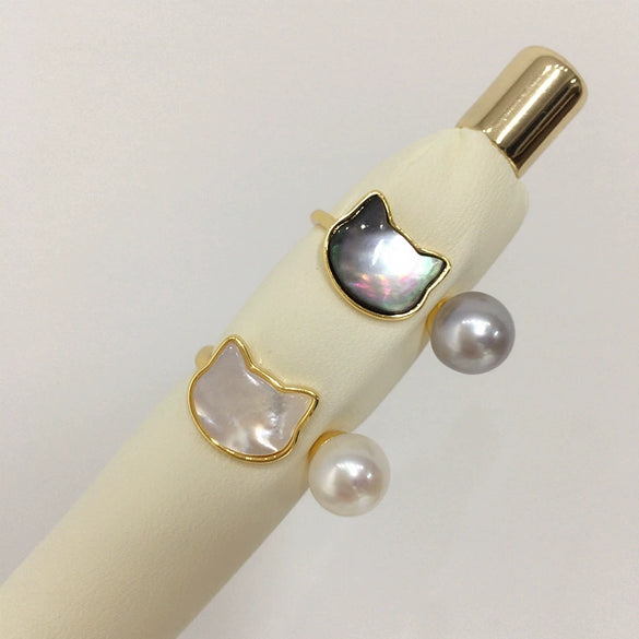 Fashion Freshwater Pearl Sea Shell Cat Ring Natural Copper With Gold Electroplating