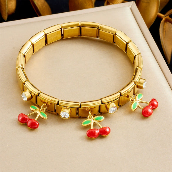 Fashion Fruit Style Stainless Steel Geometric Square Round Bracelet With Cartoon Oil Dripping Simulation Cherry Pendant And Diamondplated Gold Electroplating