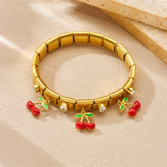 Fashion Fruit Style Stainless Steel Geometric Square Round Bracelet With Cartoon Oil Dripping Simulation Cherry Pendant And Diamondplated Gold Electroplating