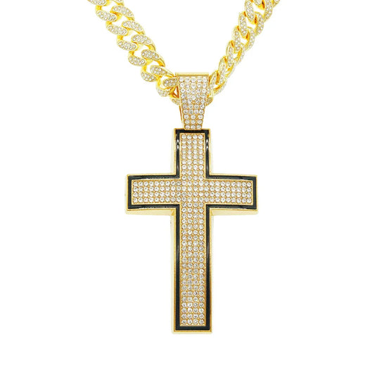 Fashion Full Diamond Cross Pendant Cuban Chain Alloy Necklace Wholesale