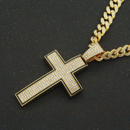 Fashion Full Diamond Cross Pendant Cuban Chain Alloy Necklace Wholesale