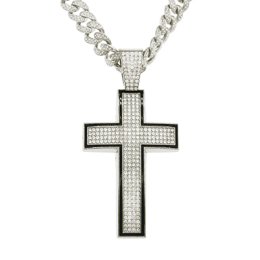 Fashion Full Diamond Cross Pendant Cuban Chain Alloy Necklace Wholesale