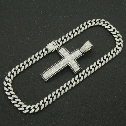 Fashion Full Diamond Cross Pendant Cuban Chain Alloy Necklace Wholesale