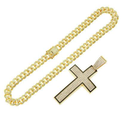 Fashion Full Diamond Cross Pendant Cuban Chain Alloy Necklace Wholesale