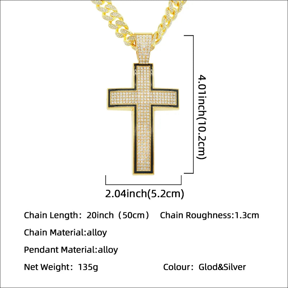 Fashion Full Diamond Cross Pendant Cuban Chain Alloy Necklace Wholesale