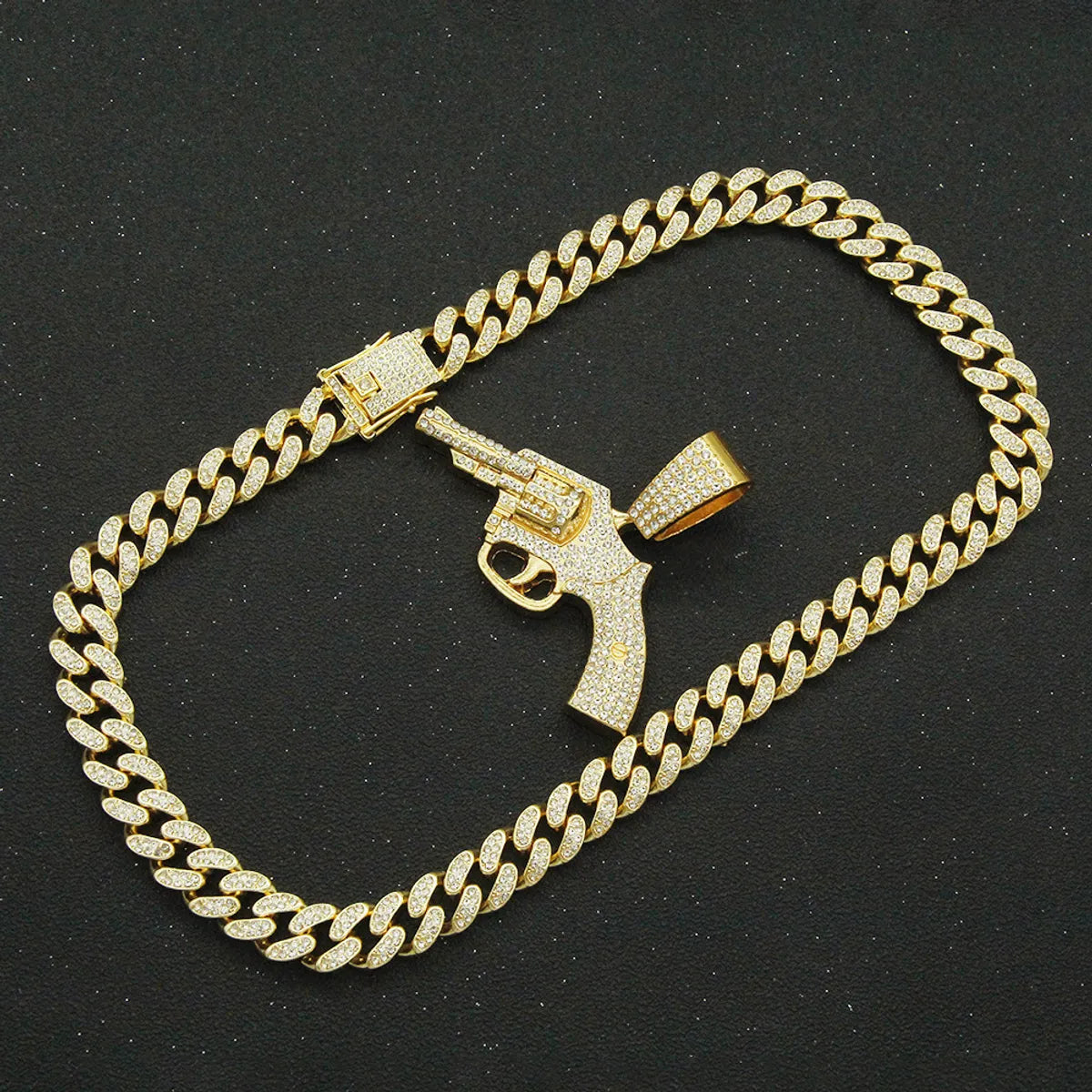 Fashion Full Diamond Gun Pendant Cuban Chain Alloy Necklace