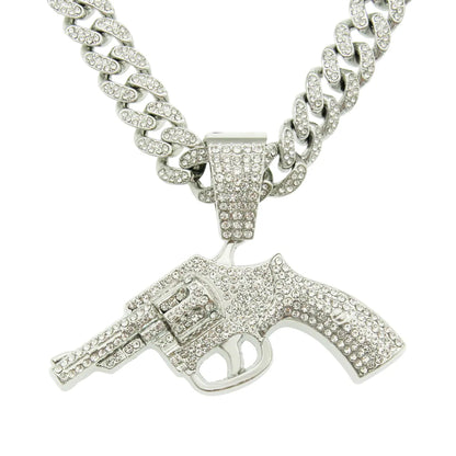 Fashion Full Diamond Gun Pendant Cuban Chain Alloy Necklace