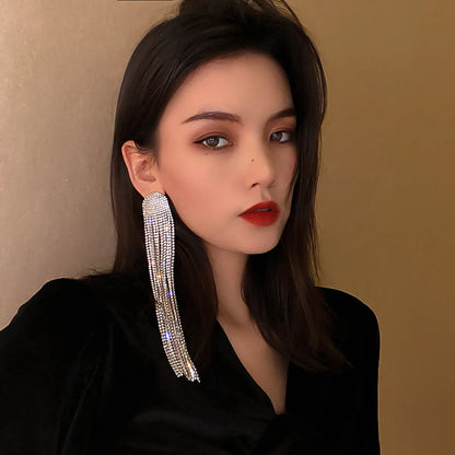 Fashion Full Rhinestone Long Tassel Earrings