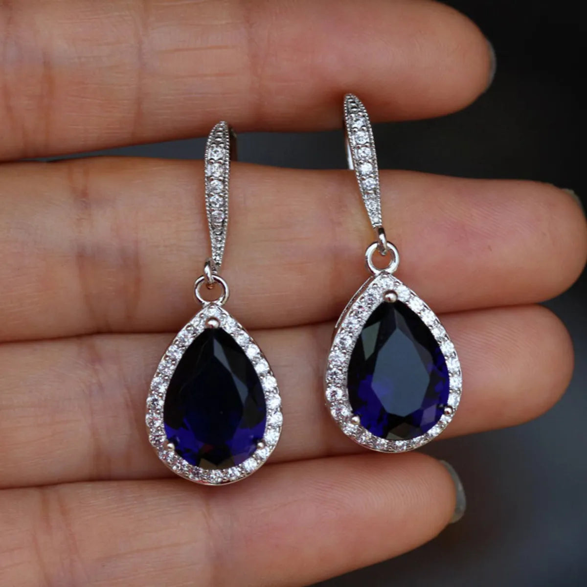 Fashion Full Water Drop Shaped Zircon Copper Earrings Wholesale