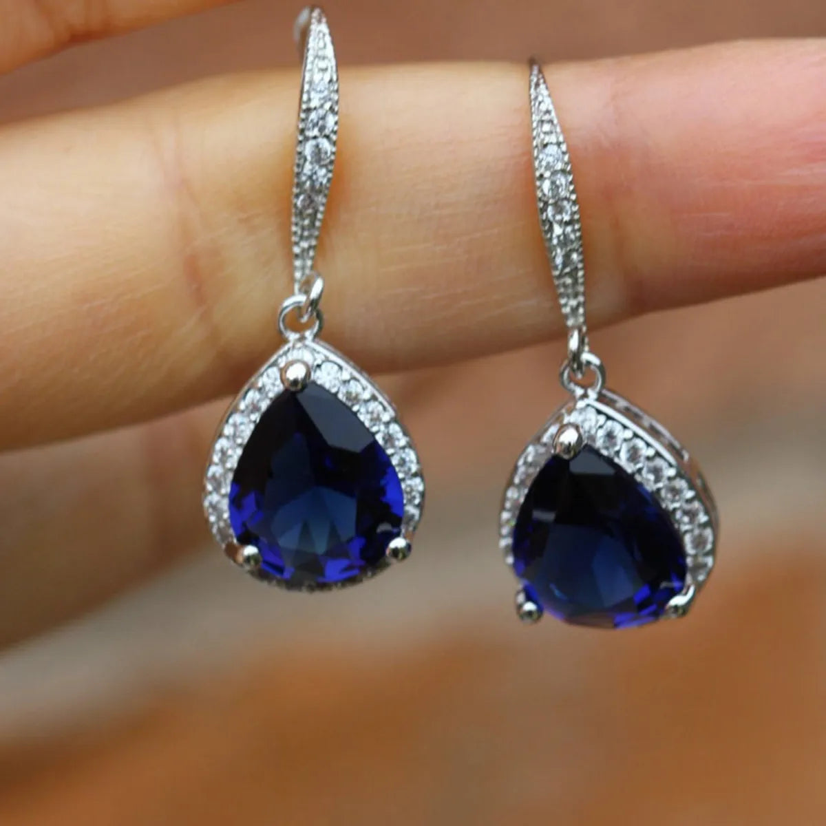 Fashion Full Water Drop Shaped Zircon Copper Earrings Wholesale