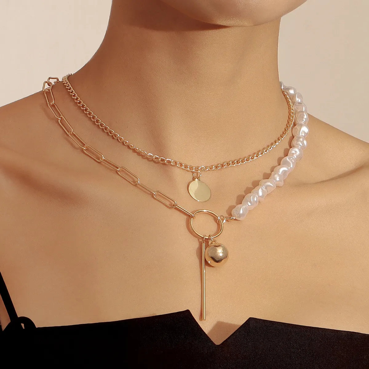 Fashion Geometric Alloy Plating Artificial Pearls Women'S Layered Necklaces