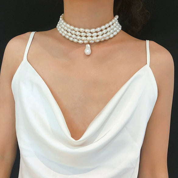 Fashion Geometric Beaded Pearl Necklace With Multilayer Chain And Pearl Shaped Pendant For Women