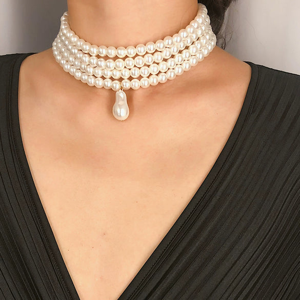 Fashion Geometric Beaded Pearl Necklace With Multilayer Chain And Pearl Shaped Pendant For Women
