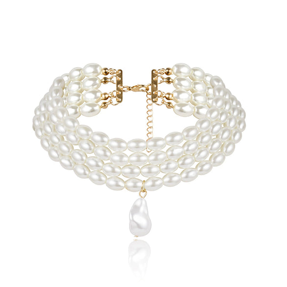 Fashion Geometric Beaded Pearl Necklace With Multilayer Chain And Pearl Shaped Pendant For Women