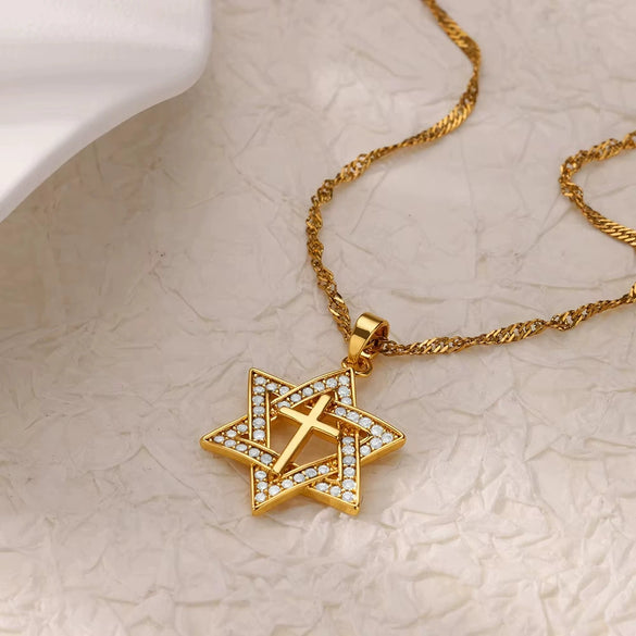 Fashion Geometric Copper Micropaved Zircon Cross Pendant Women's Necklace With Electroplating And Water Wave Chain