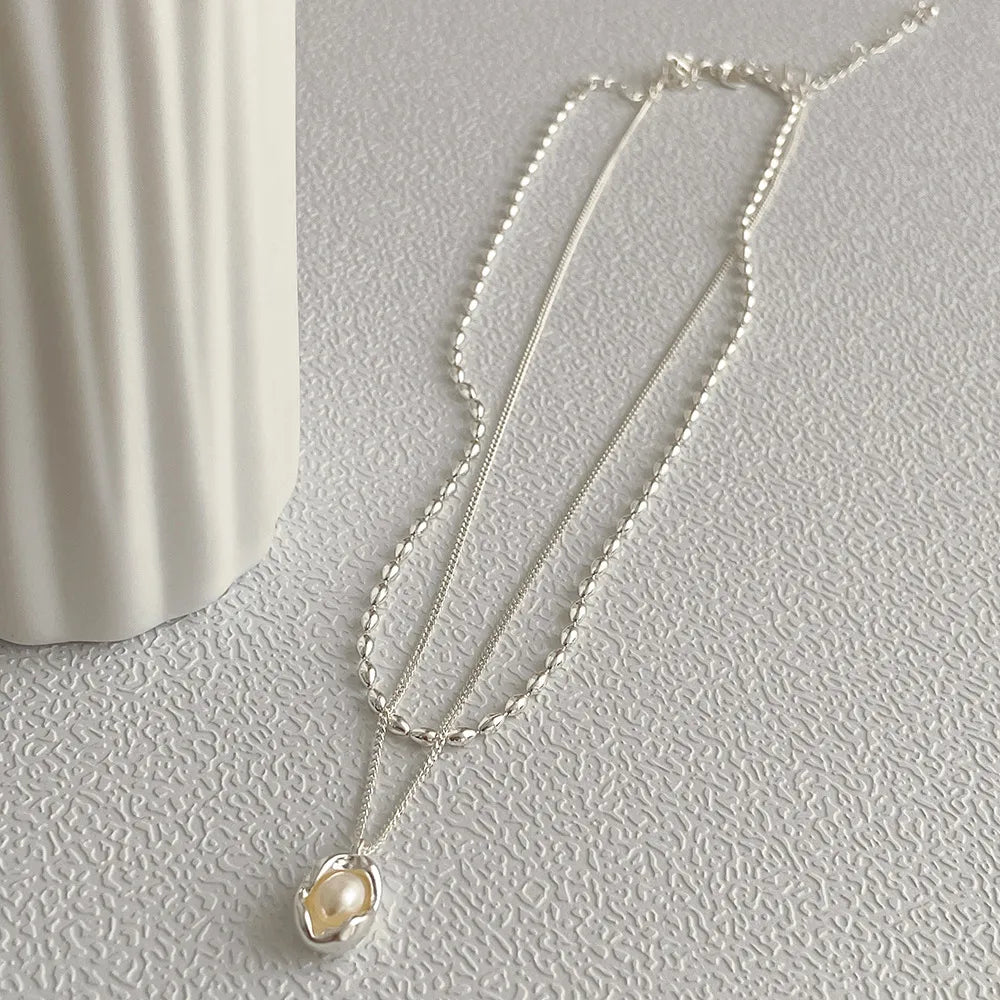 Fashion Geometric Copper Plating Artificial Pearls Layered Necklaces