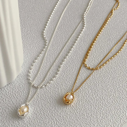 Fashion Geometric Copper Plating Artificial Pearls Layered Necklaces