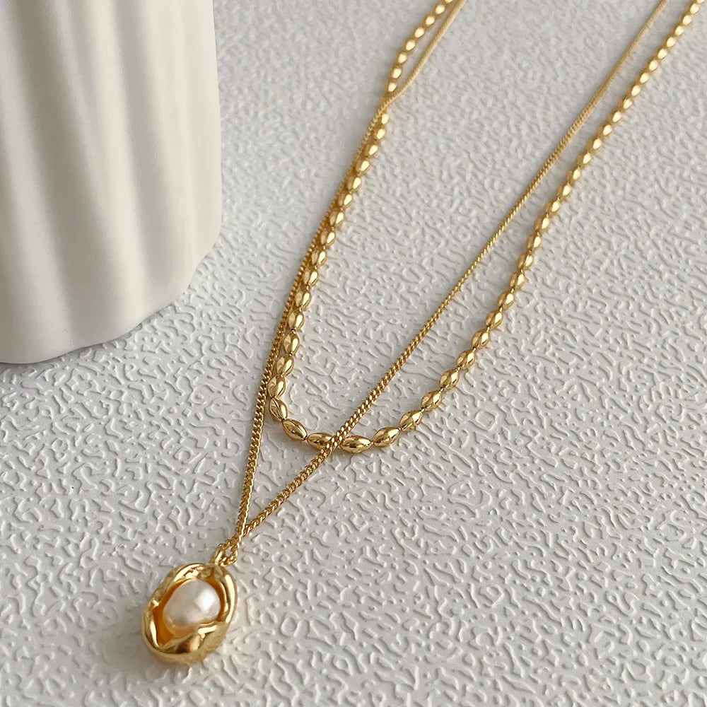 Fashion Geometric Copper Plating Artificial Pearls Layered Necklaces