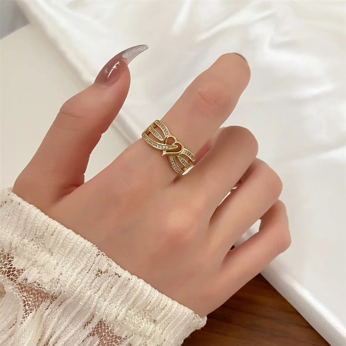 Fashion Geometric Copper Plating Rhinestone Open Ring