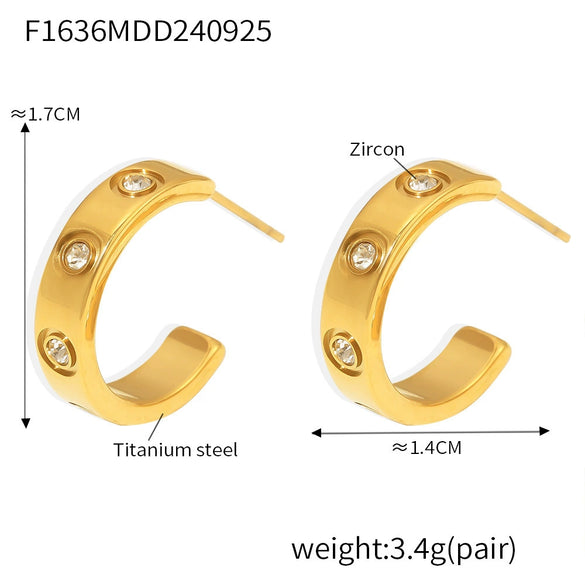 Fashion Geometric Cshaped Inlaid Zircon Titanium Steel Earrings 18K Gold Plated
