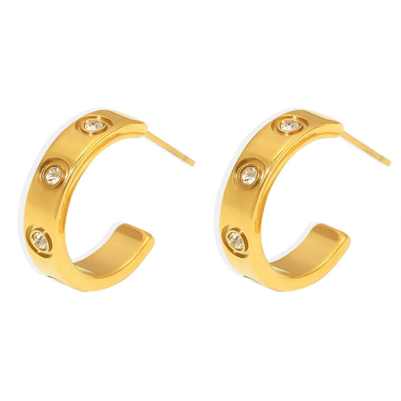 Fashion Geometric Cshaped Inlaid Zircon Titanium Steel Earrings 18K Gold Plated