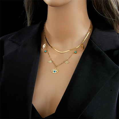 Wholesale Jewelry Fashion Geometric Devil'S Eye 304 Stainless Steel Artificial Rhinestones Resin 18K Gold Plated Ellipse Plating Inlaid Turquoise Layered Necklaces