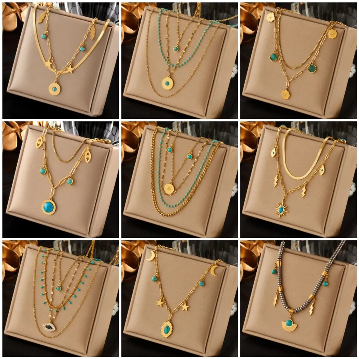 Wholesale Jewelry Fashion Geometric Devil'S Eye 304 Stainless Steel Artificial Rhinestones Resin 18K Gold Plated Ellipse Plating Inlaid Turquoise Layered Necklaces