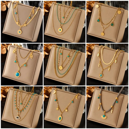 Wholesale Jewelry Fashion Geometric Devil'S Eye 304 Stainless Steel Artificial Rhinestones Resin 18K Gold Plated Ellipse Plating Inlaid Turquoise Layered Necklaces