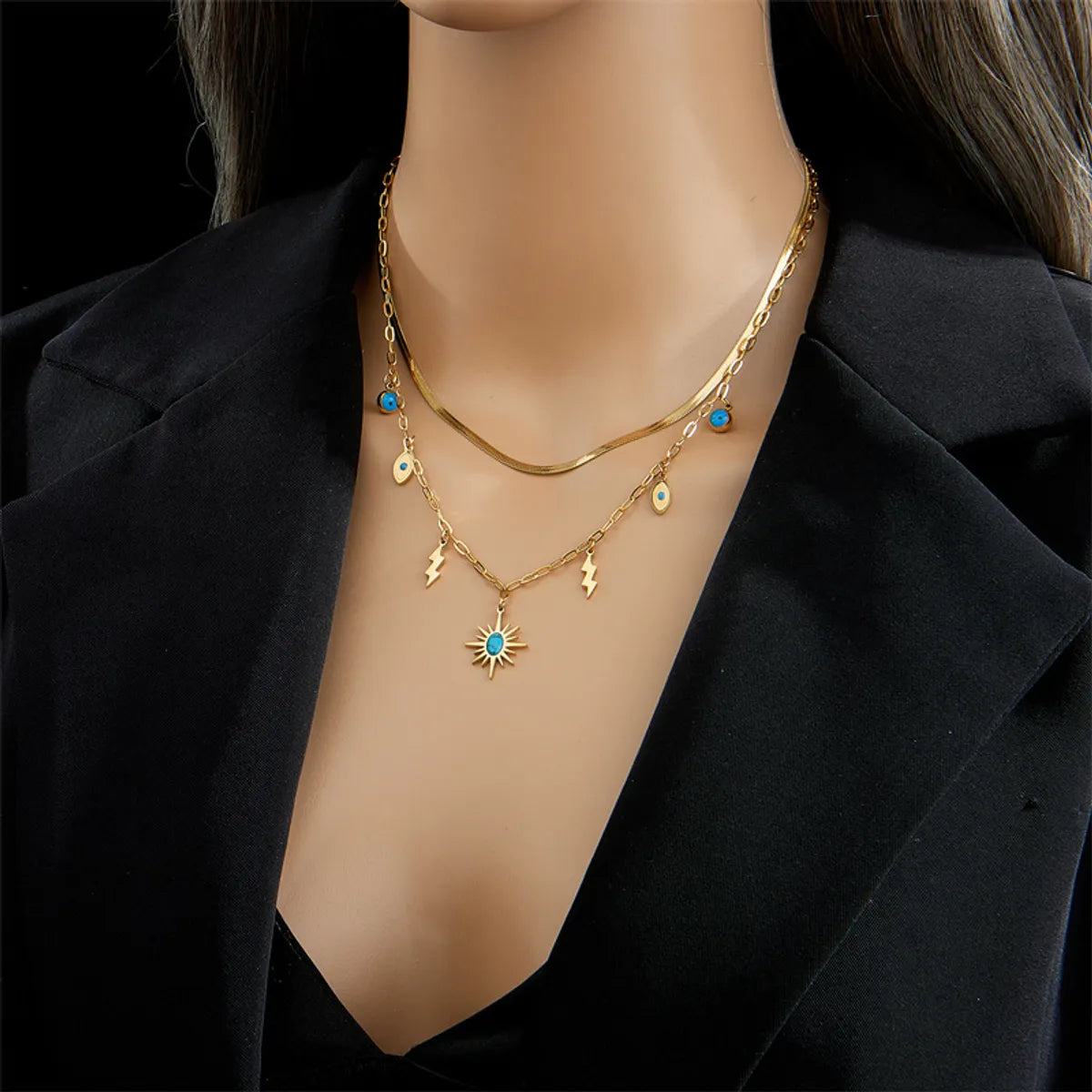 Wholesale Jewelry Fashion Geometric Devil'S Eye 304 Stainless Steel Artificial Rhinestones Resin 18K Gold Plated Ellipse Plating Inlaid Turquoise Layered Necklaces