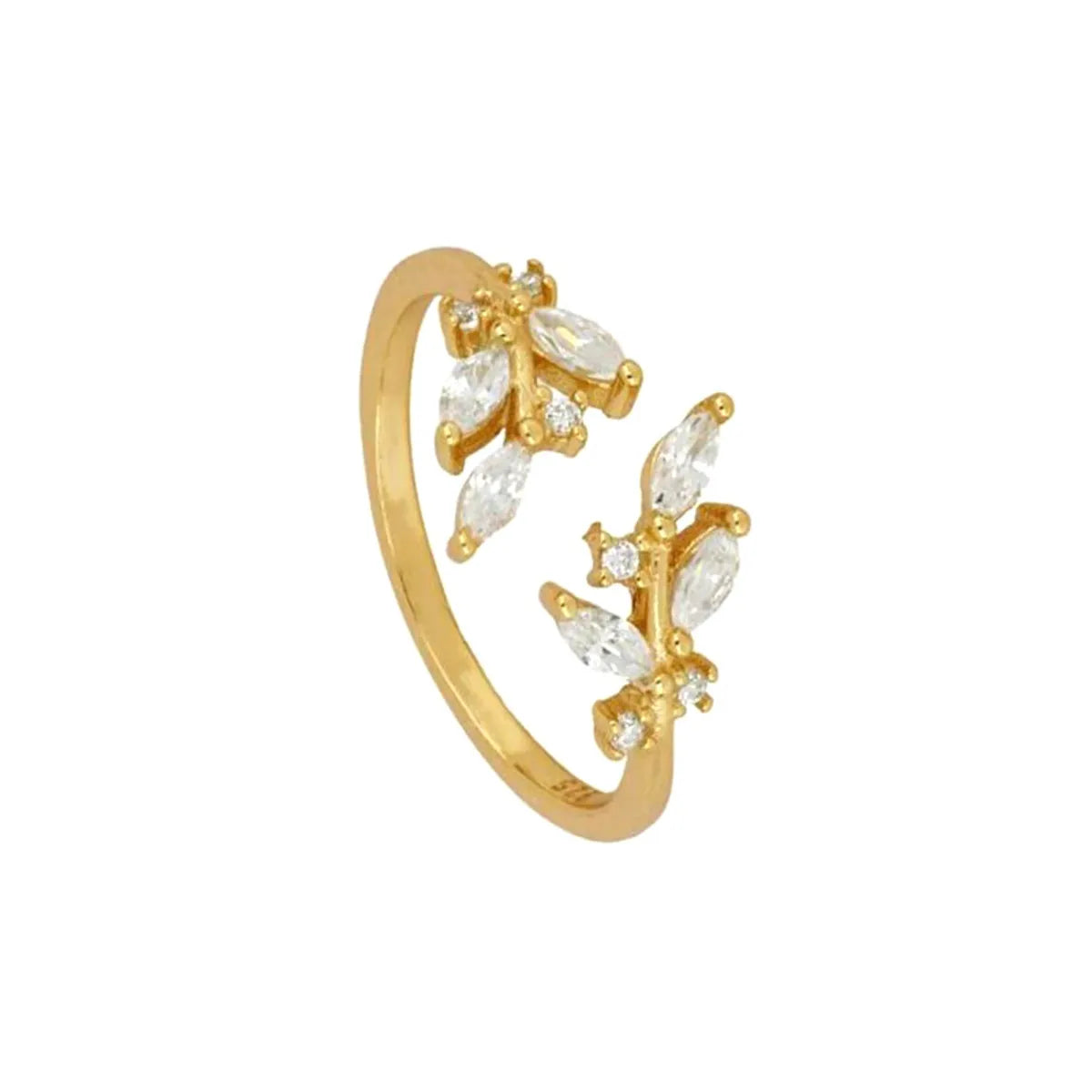 Fashion Geometric Diamond Leaf 18k Gold Ring Small Personality Open Ring Female