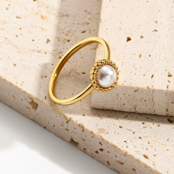 Fashion Geometric Electroplated Titanium Steel Pearl Ring For Women