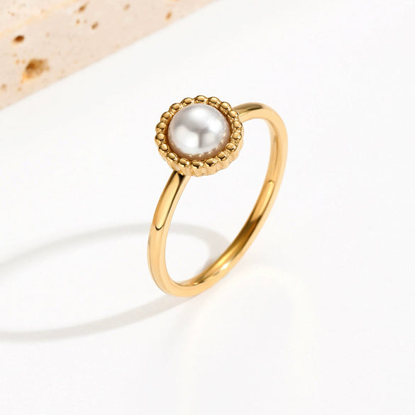 Fashion Geometric Electroplated Titanium Steel Pearl Ring For Women