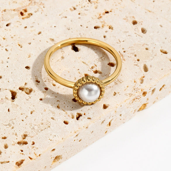 Fashion Geometric Electroplated Titanium Steel Pearl Ring For Women