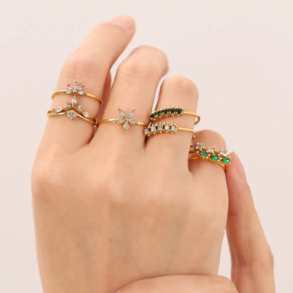 Fashion Geometric Floral Stainless Steel Plating Zircon Gold Plated Open Ring