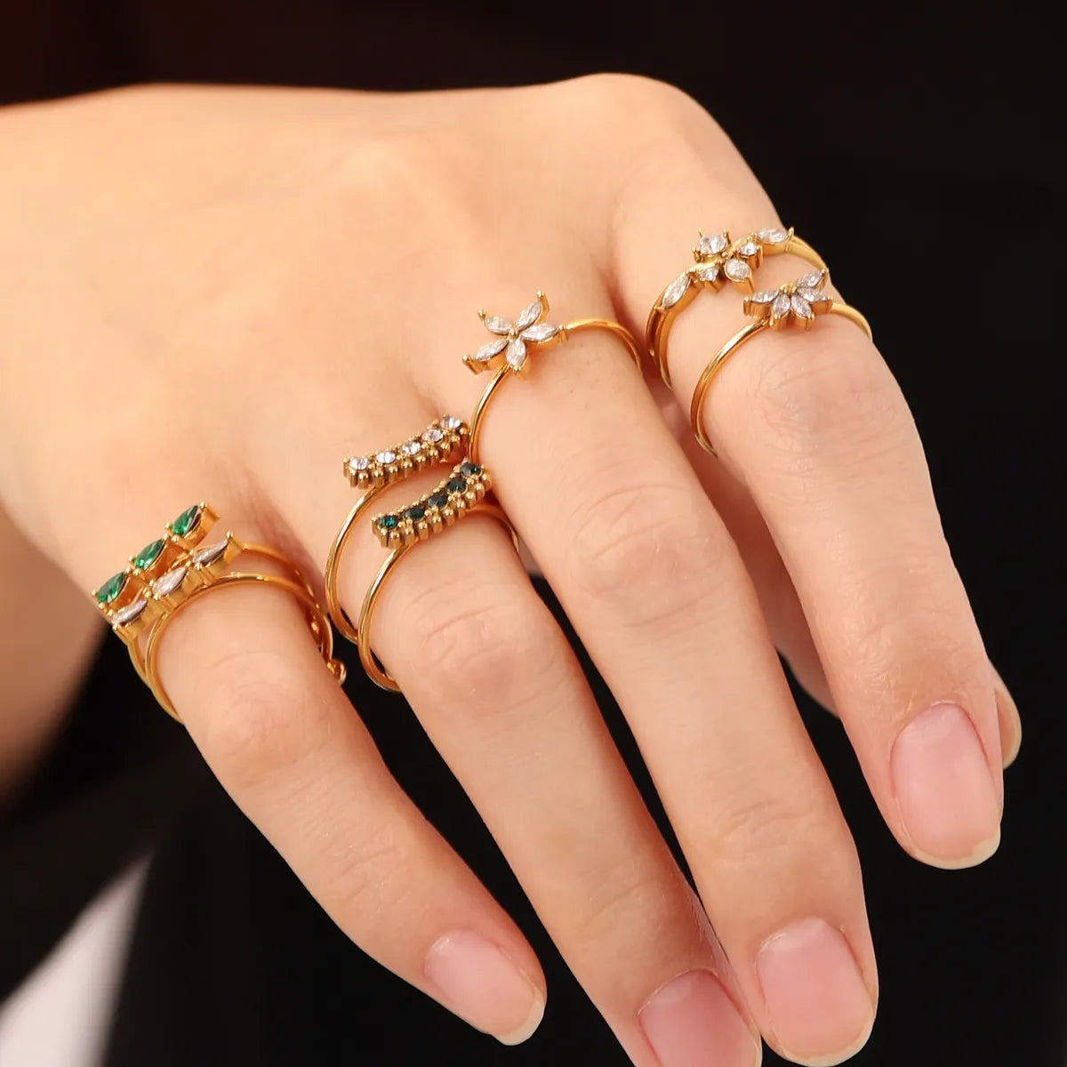 Fashion Geometric Floral Stainless Steel Plating Zircon Gold Plated Open Ring