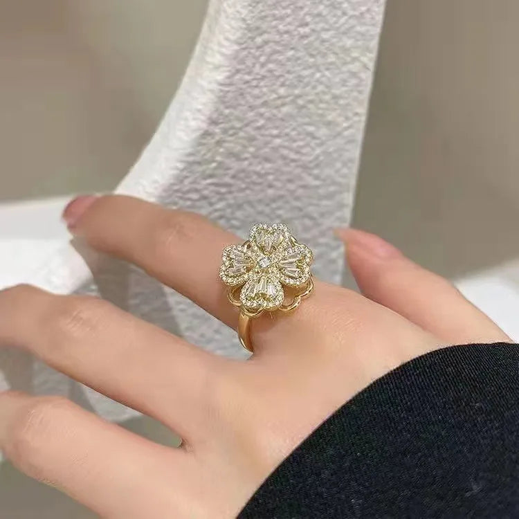 Fashion Geometric Four Leaf Clover Copper Zircon Open Ring In Bulk