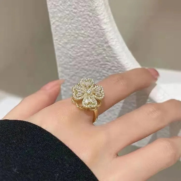 Fashion Geometric Four Leaf Clover Copper Zircon Open Ring In Bulk