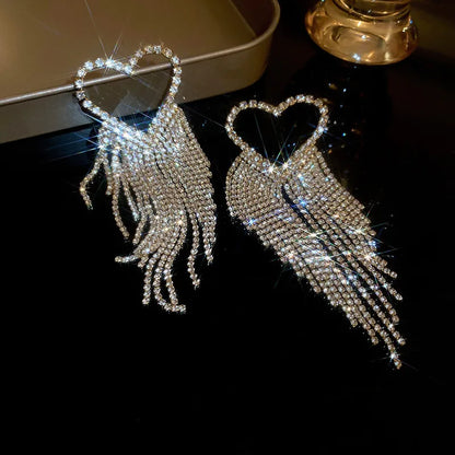 Fashion Geometric Heart Shape Alloy Tassel Rhinestones Women'S Earrings 1 Pair