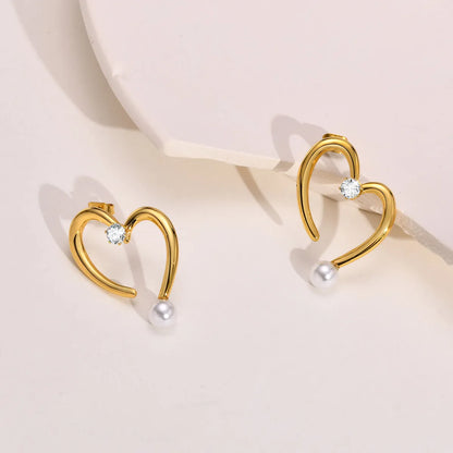 Fashion Geometric Heart Shape Stainless Steel Inlay Artificial Pearls Zircon Earrings 1 Pair