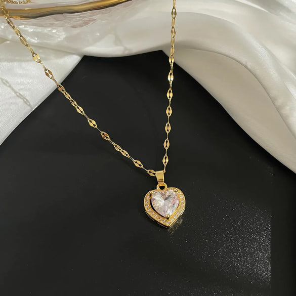 Fashion Geometric Heart Shape Titanium Steel Pendant Necklace Chain Diamond Stainless Steel Necklaces