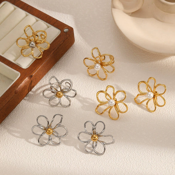 Fashion Geometric Hollow Line Flower Stainless Steel And Titanium Steel Earrings With Electroplating For Women